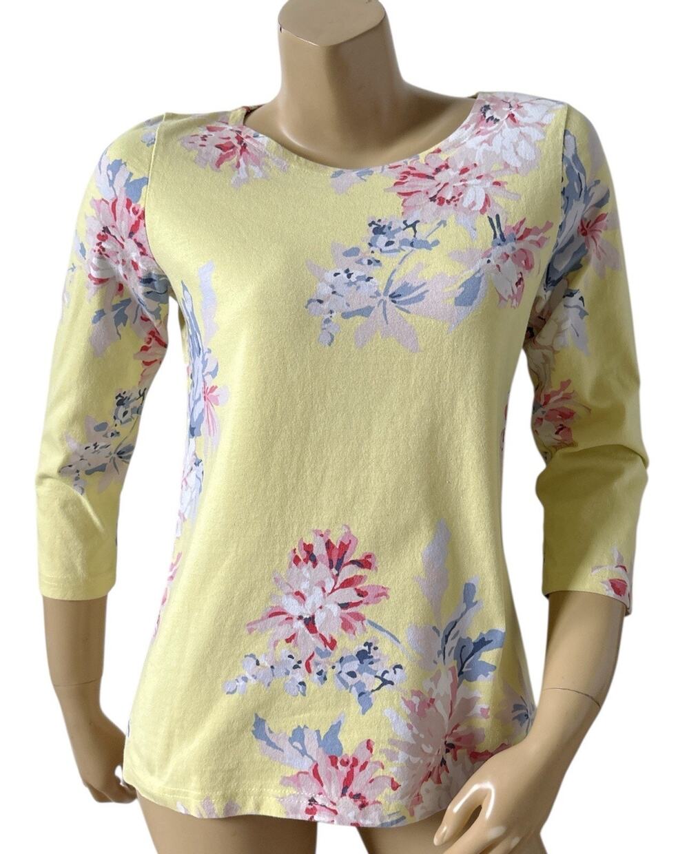 Joules T Shirt Womens Size US 8 Yellow Floral 3/4 Sleeve Scoop Neck Cotton Tee